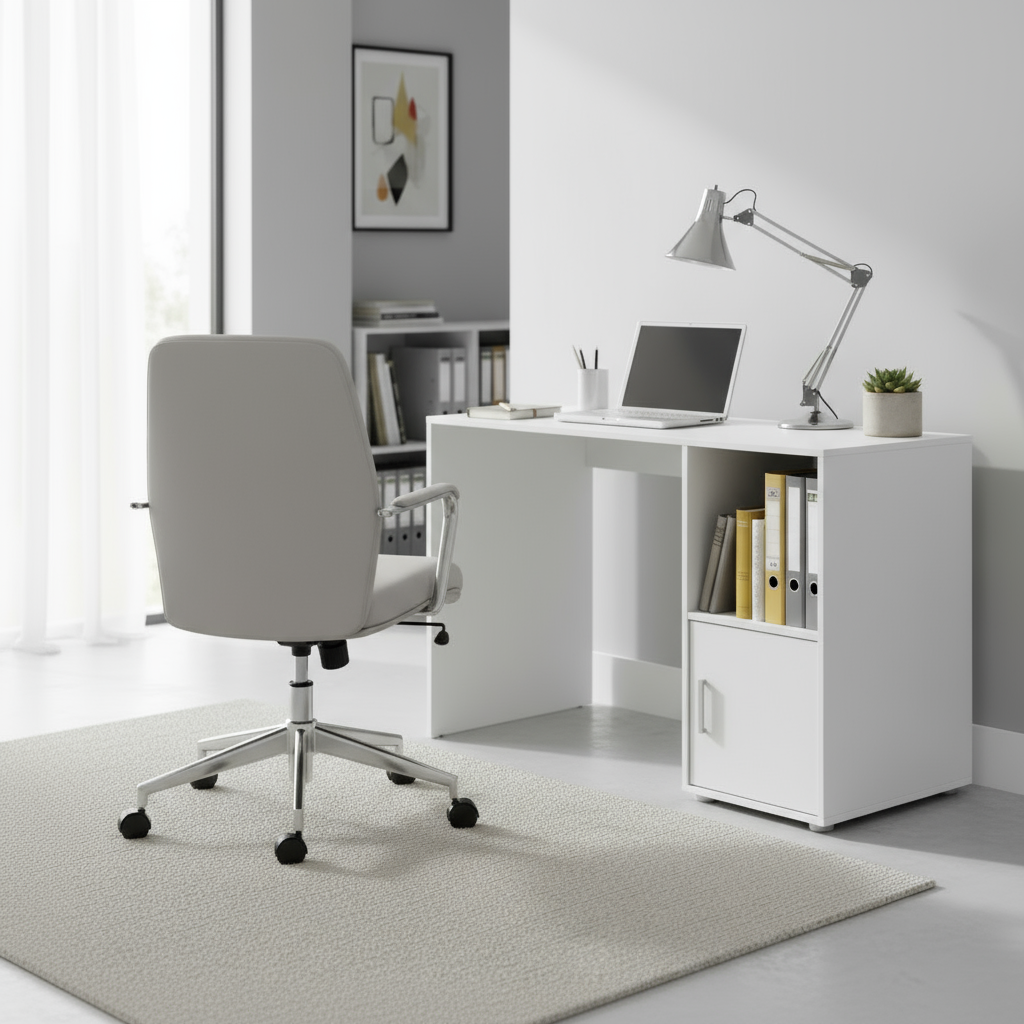 Bureau blanc avec bibliothèque intégrée