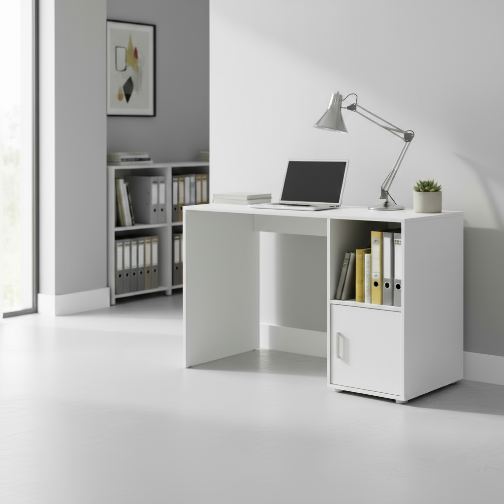 Bureau blanc avec bibliothèque intégrée